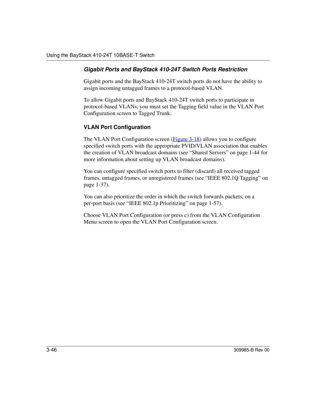 Nortel Networks manual Gigabit Ports and BayStack 410-24T Switch Ports Restriction, Vlan Port Configuration 