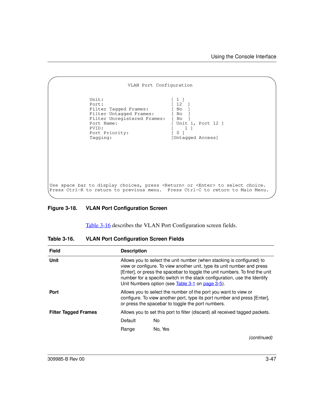 Nortel Networks 24T manual describes the Vlan Port Configuration screen fields, Vlan Port Configuration Screen Fields 