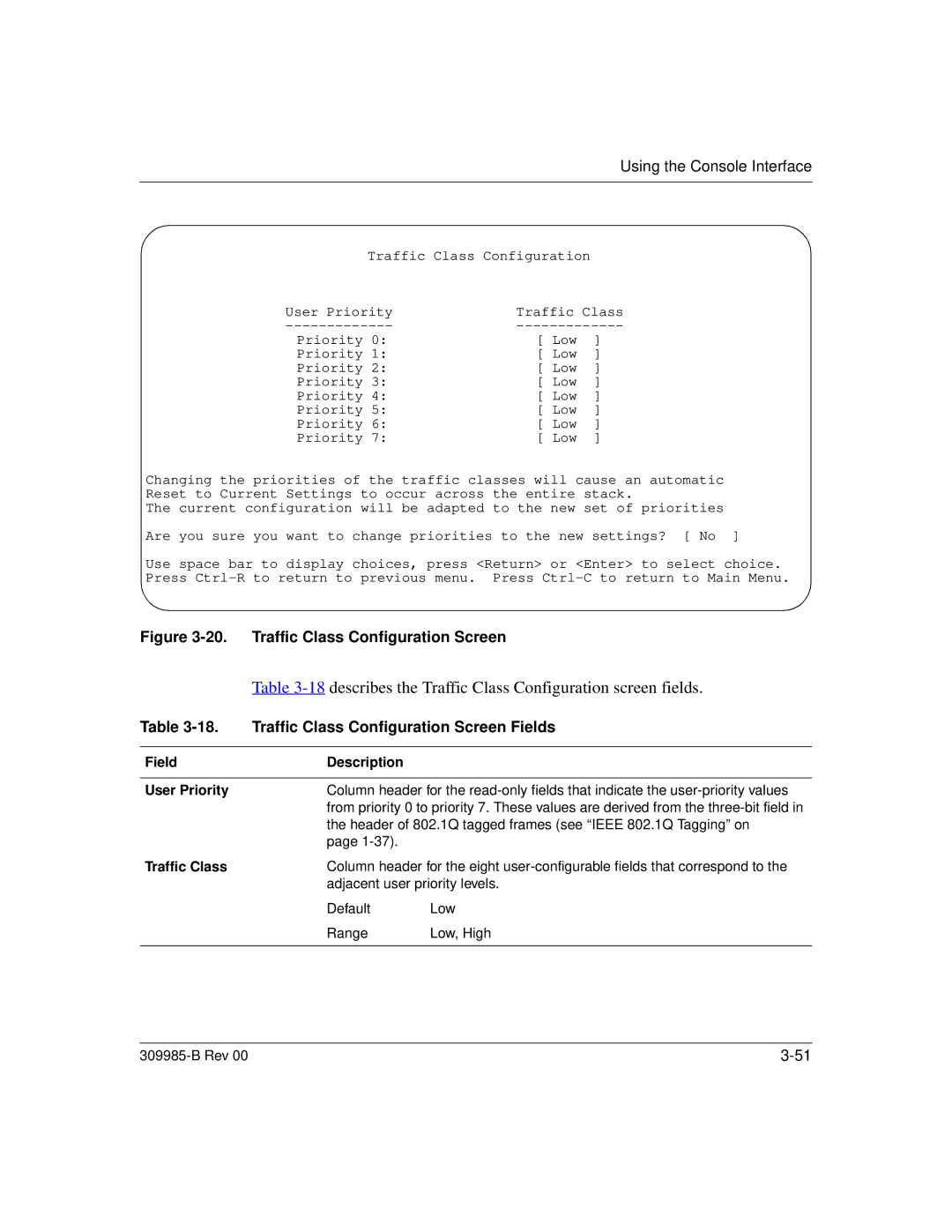 Nortel Networks 24T describes the Traffic Class Configuration screen fields, Traffic Class Configuration Screen Fields 