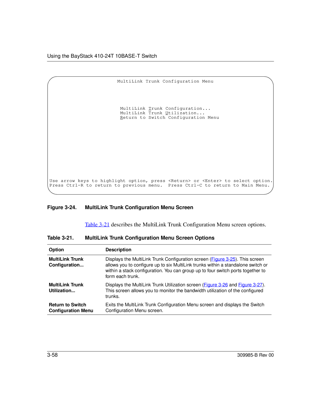 Nortel Networks 24T MultiLink Trunk Configuration Menu Screen Options, Option Description MultiLink Trunk, Utilization 