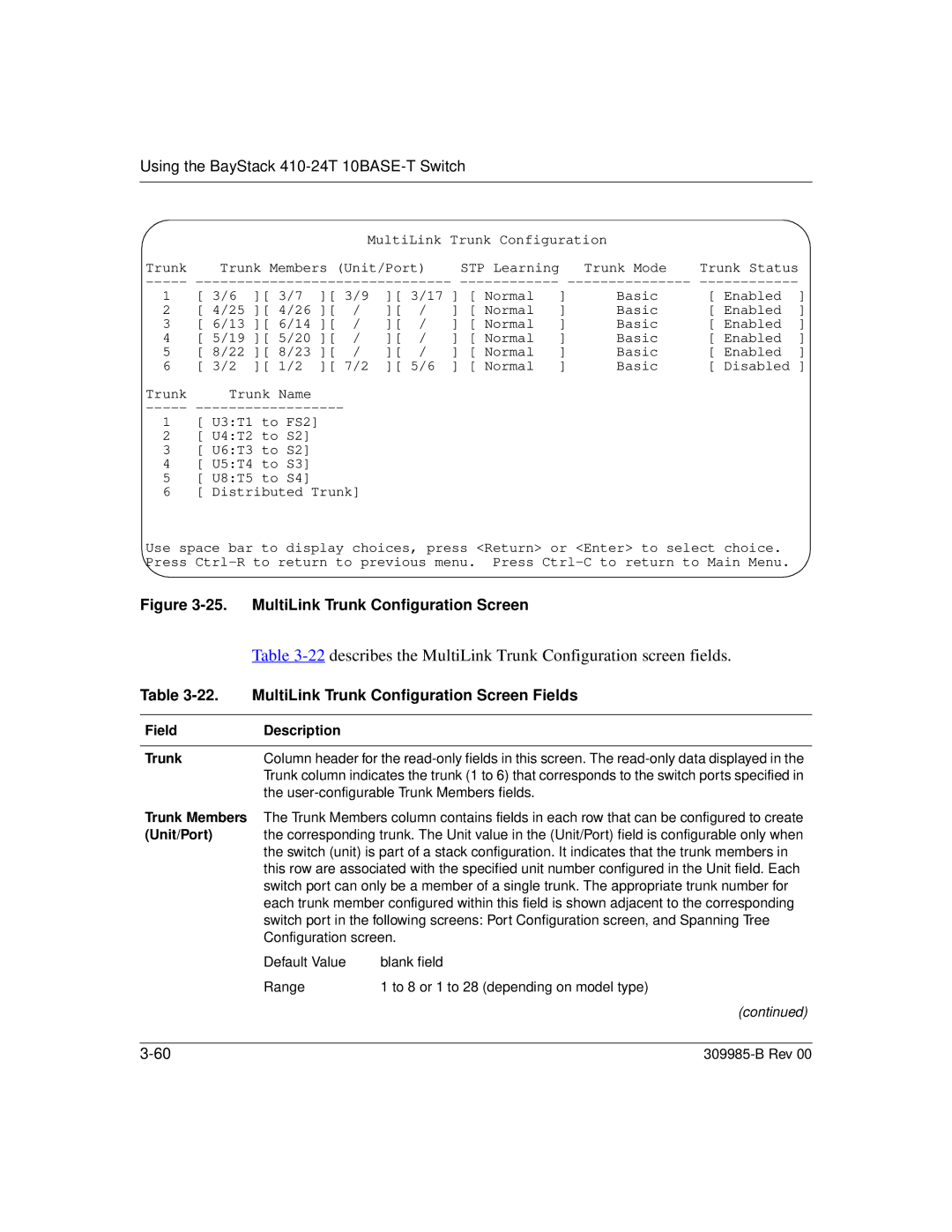 Nortel Networks 24T manual MultiLink Trunk Configuration Screen Fields, Field Description Trunk 