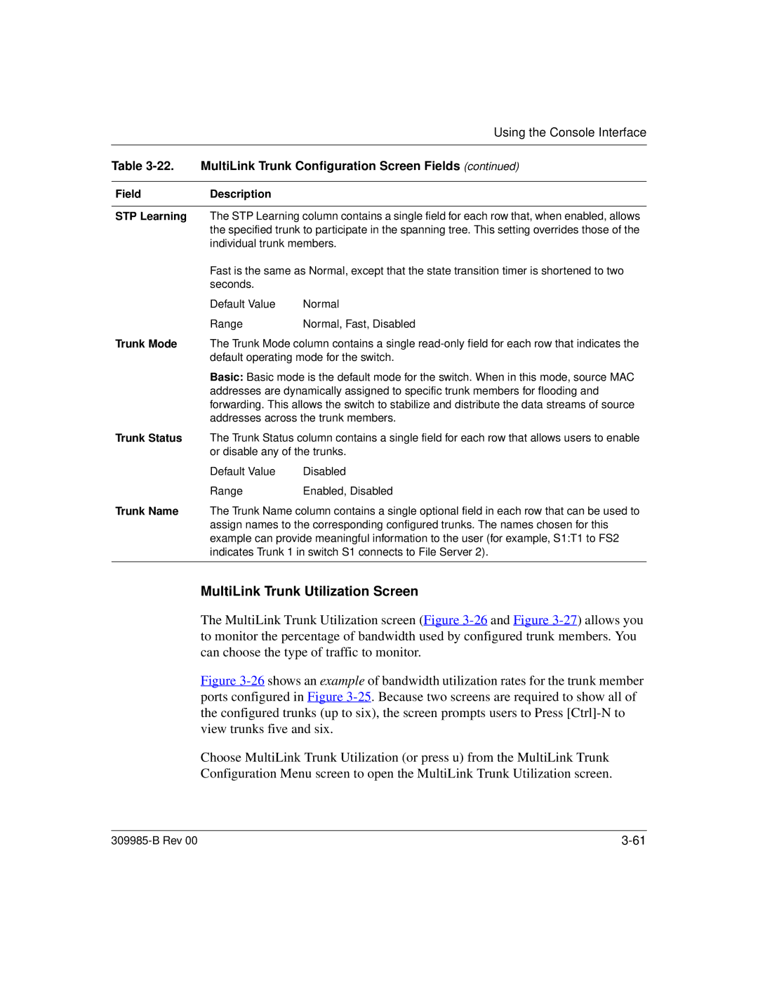 Nortel Networks 24T manual MultiLink Trunk Utilization Screen, MultiLink Trunk Configuration Screen Fields 