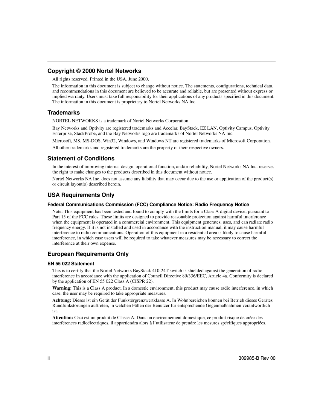 Nortel Networks 24T manual Copyright 2000 Nortel Networks, Trademarks, Statement of Conditions, USA Requirements Only 