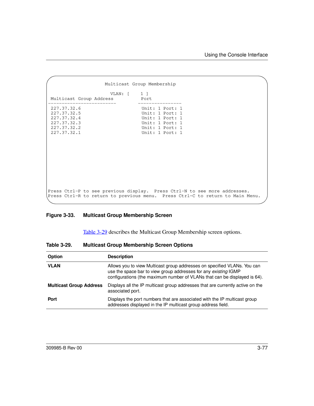 Nortel Networks 24T describes the Multicast Group Membership screen options, Multicast Group Membership Screen Options 