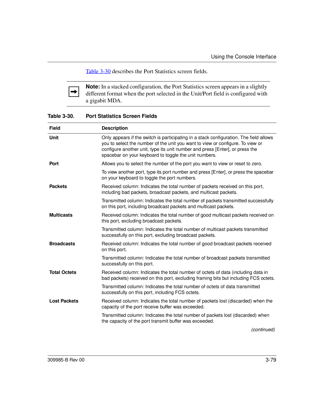 Nortel Networks 24T manual describes the Port Statistics screen fields, Gigabit MDA, Port Statistics Screen Fields 