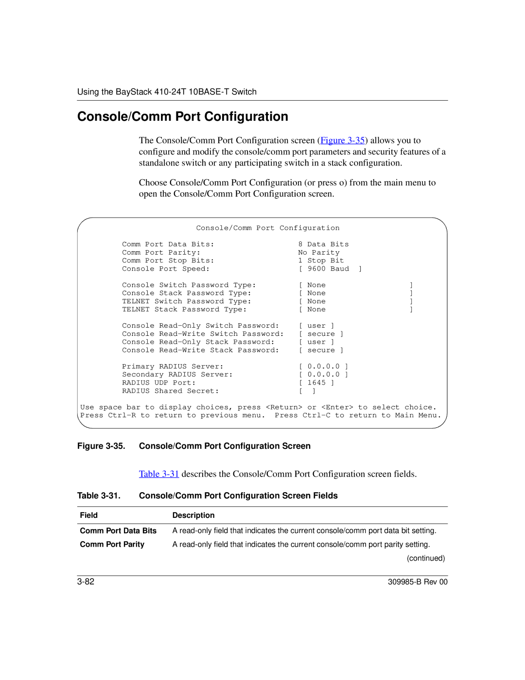 Nortel Networks 24T manual Console/Comm Port Configuration Screen Fields 