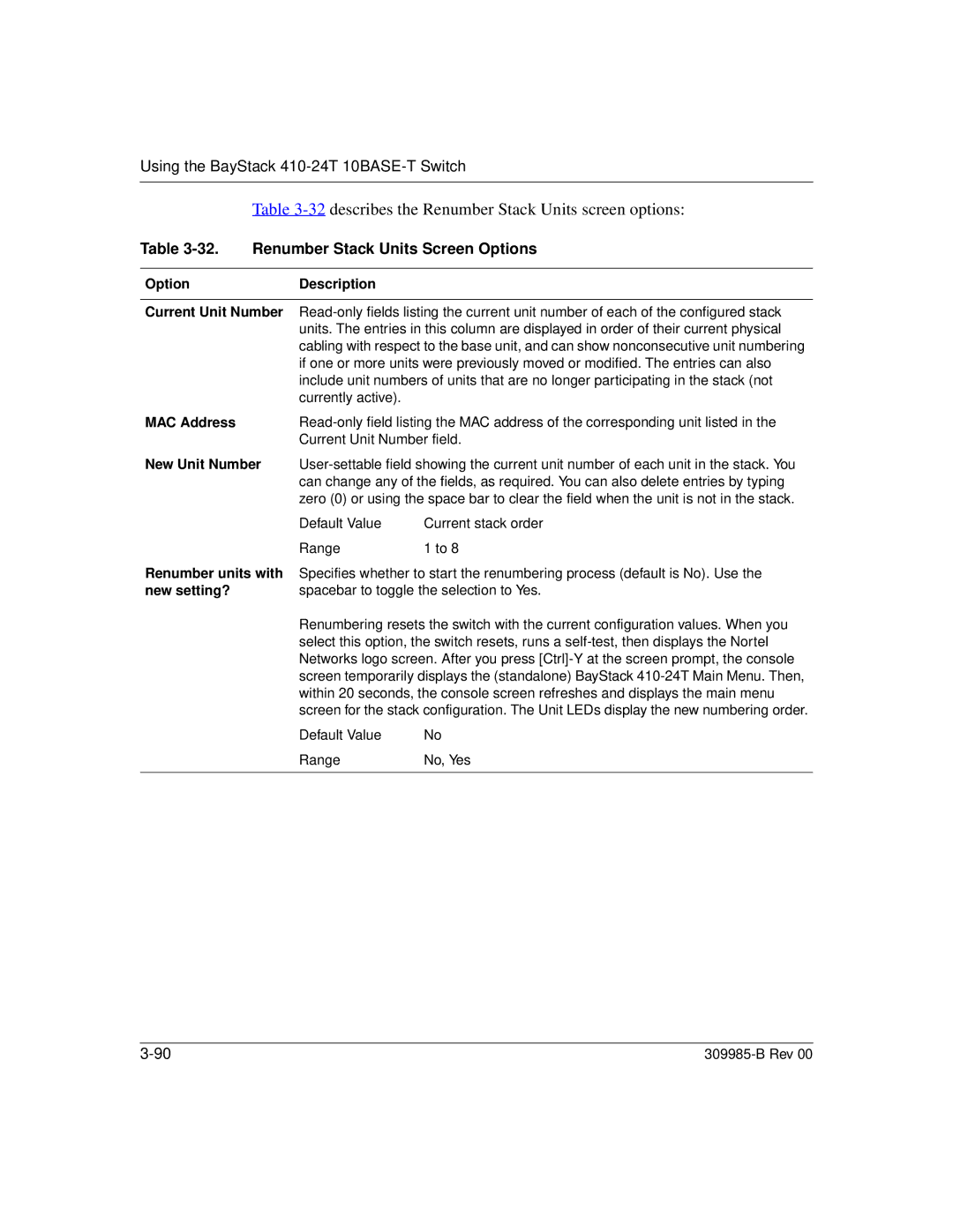 Nortel Networks 24T manual describes the Renumber Stack Units screen options, Renumber Stack Units Screen Options 