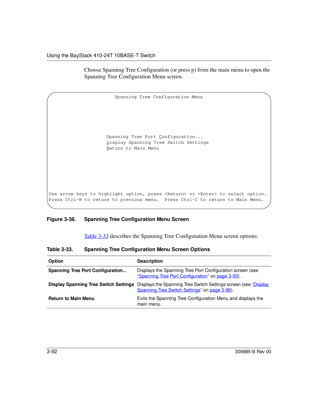 Nortel Networks 24T manual Spanning Tree Configuration Menu Screen Options 