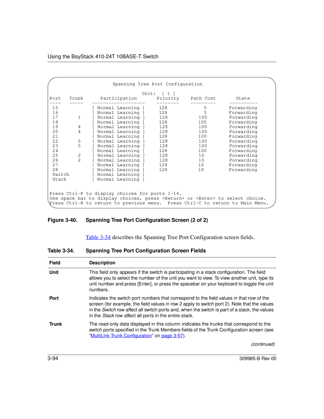 Nortel Networks 24T manual Spanning Tree Port Configuration Screen 2, Spanning Tree Port Configuration Screen Fields 