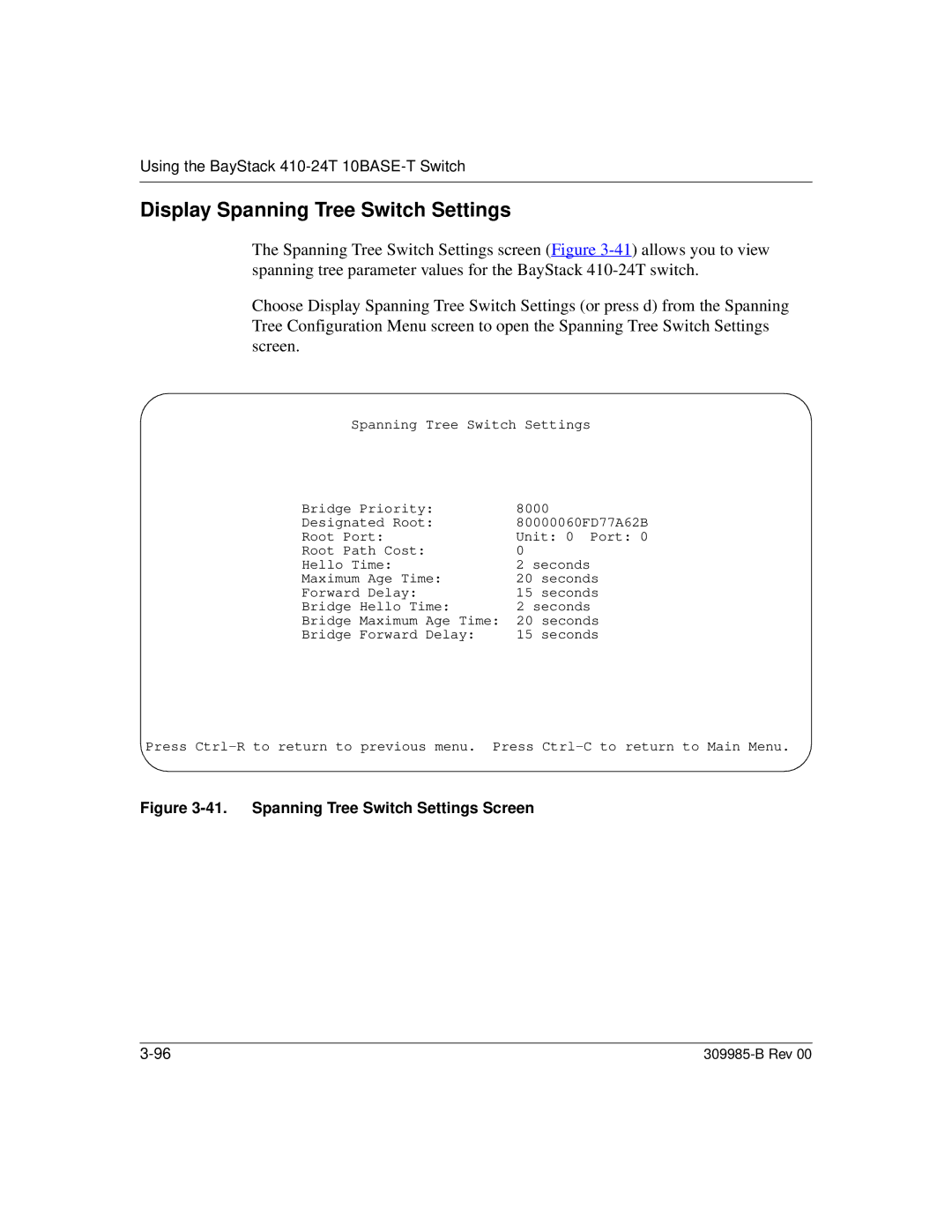 Nortel Networks 24T manual Display Spanning Tree Switch Settings, Spanning Tree Switch Settings Screen 