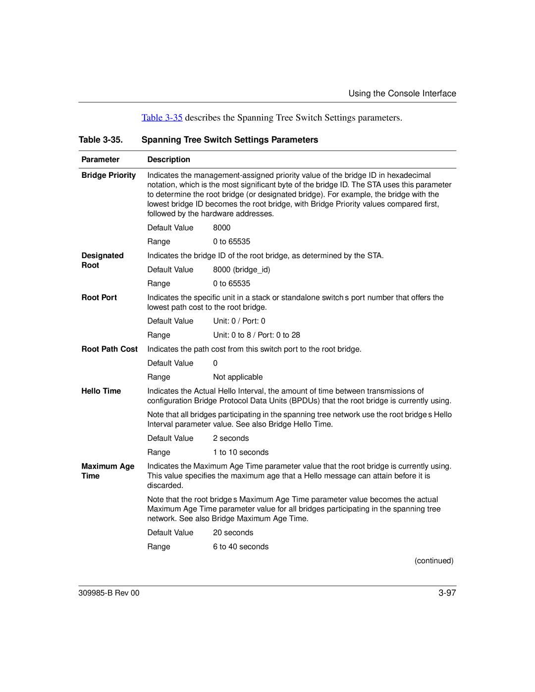 Nortel Networks 24T manual describes the Spanning Tree Switch Settings parameters, Spanning Tree Switch Settings Parameters 