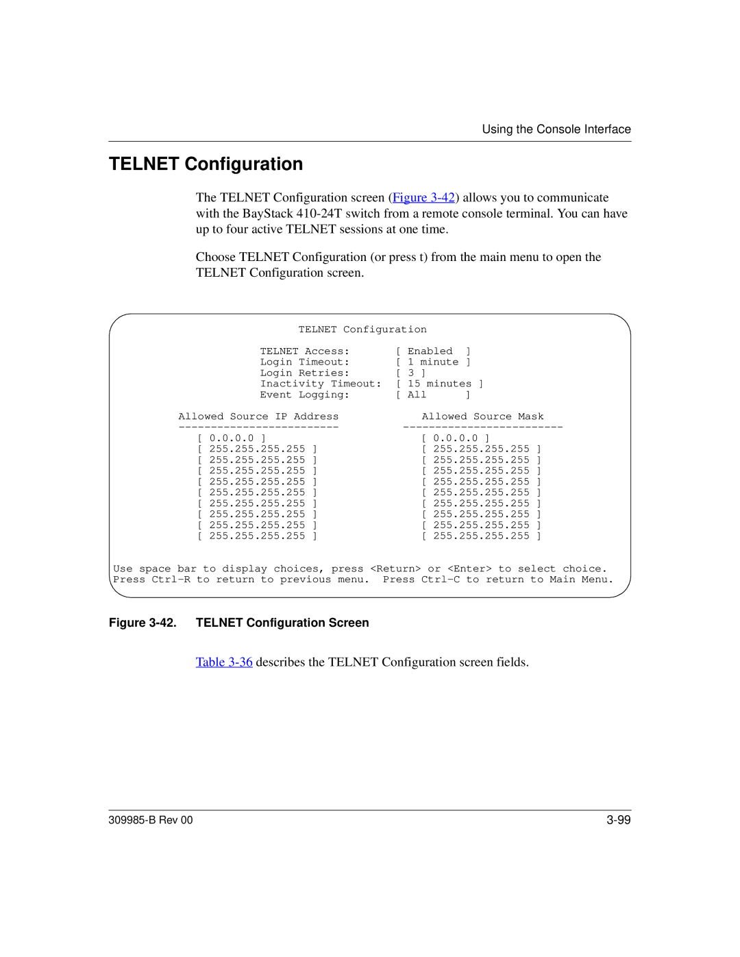 Nortel Networks 24T manual describes the Telnet Configuration screen fields 