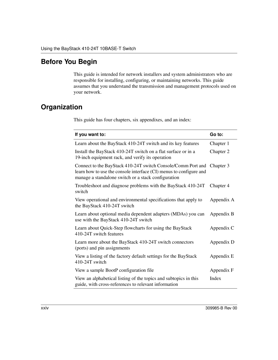 Nortel Networks 24T manual Before You Begin, Organization, This guide has four chapters, six appendixes, and an index 