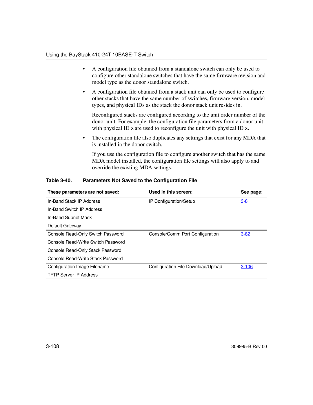 Nortel Networks 24T Parameters Not Saved to the Configuration File, These parameters are not saved Used in this screen See 