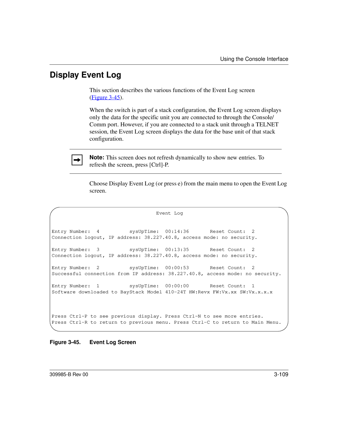 Nortel Networks 24T manual Display Event Log, Event Log Screen 