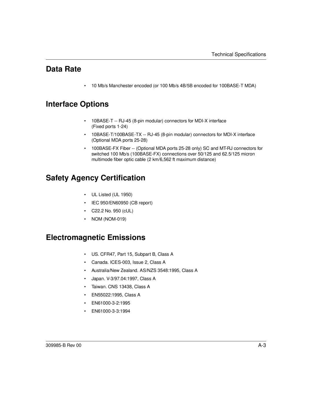 Nortel Networks 24T manual Data Rate, Interface Options, Safety Agency Certification, Electromagnetic Emissions 