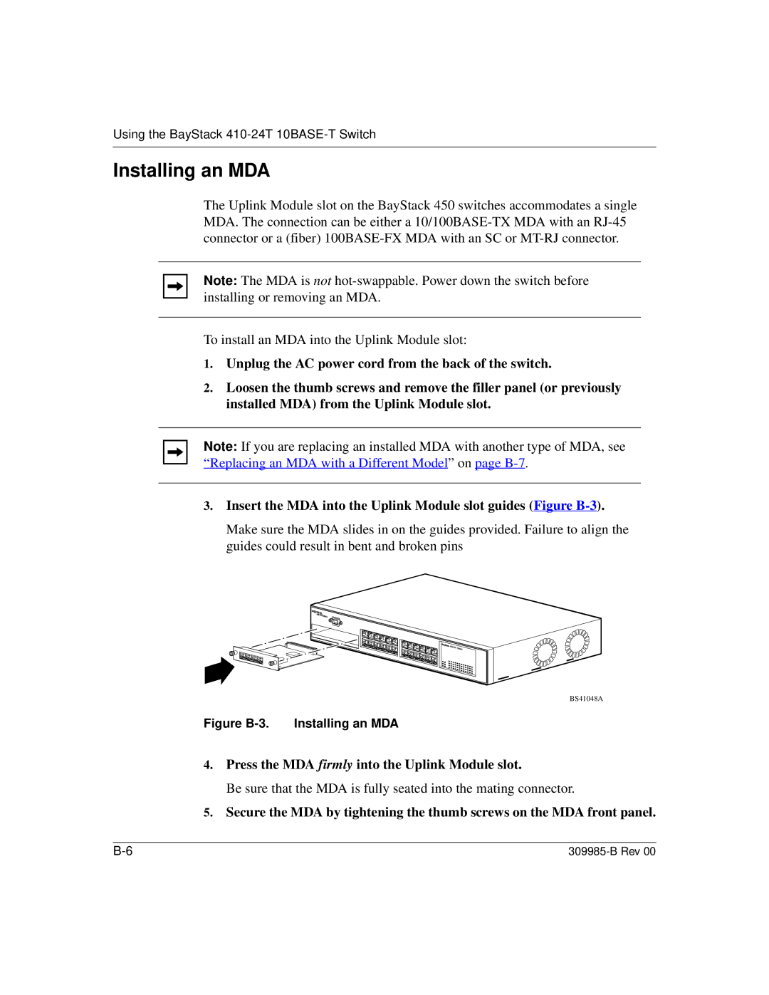 Nortel Networks 24T manual Figure B-3. Installing an MDA 