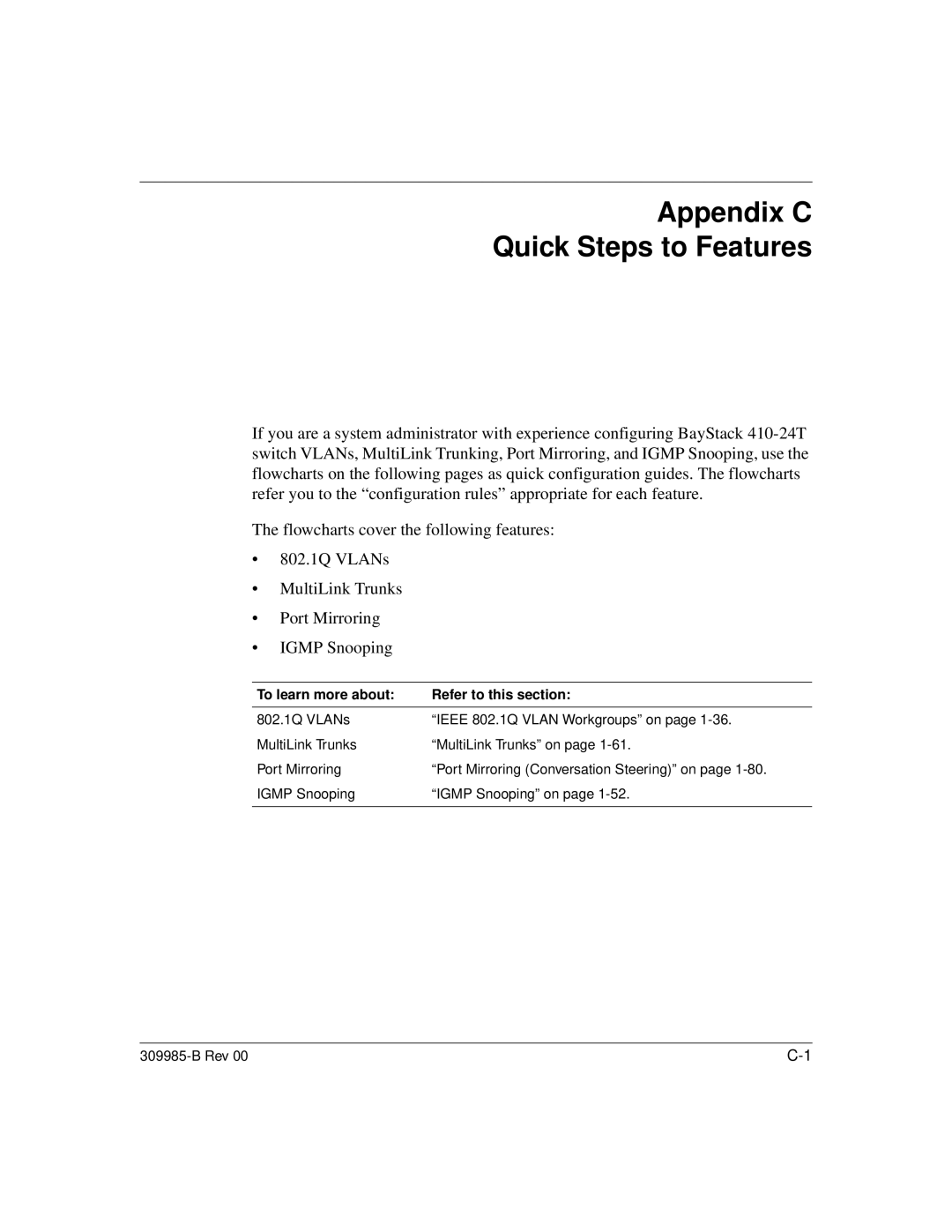 Nortel Networks 24T manual Appendix C Quick Steps to Features, To learn more about Refer to this section 