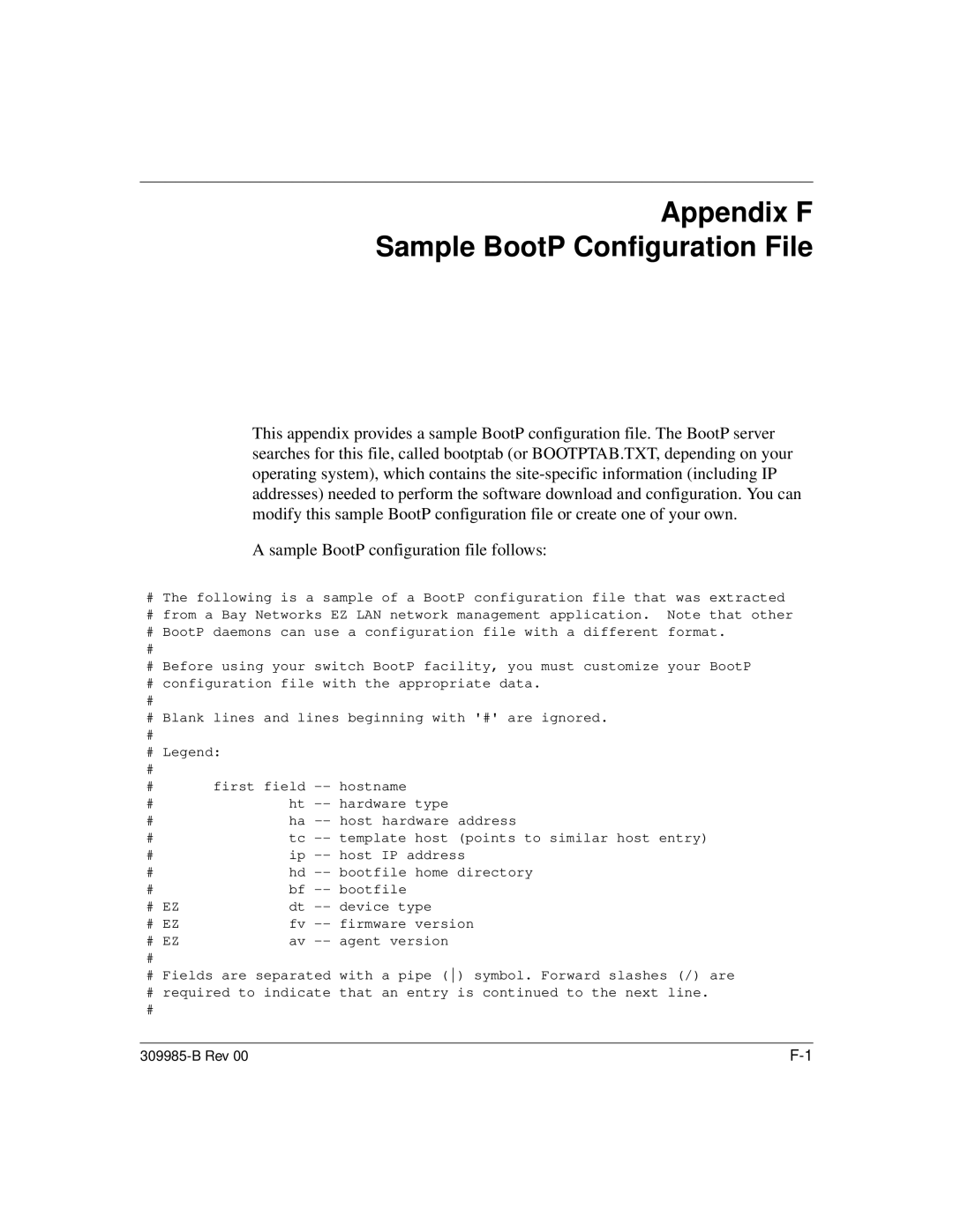 Nortel Networks 24T manual Appendix F Sample BootP Configuration File 