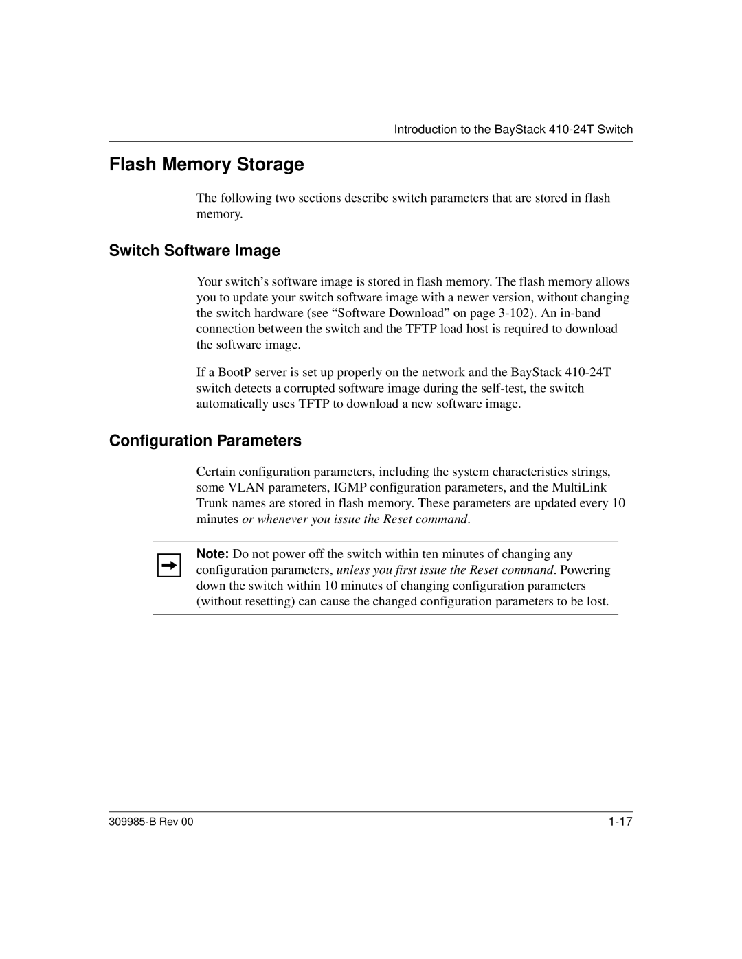 Nortel Networks 24T manual Flash Memory Storage, Switch Software Image, Configuration Parameters 