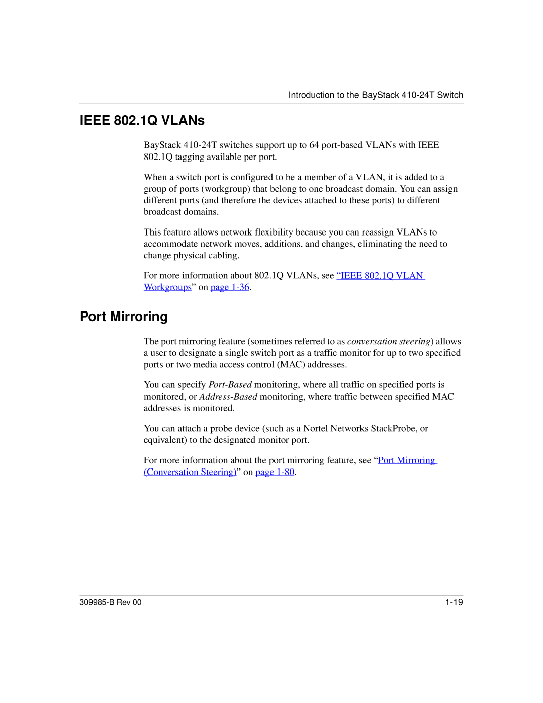 Nortel Networks 24T manual Ieee 802.1Q VLANs, Port Mirroring 