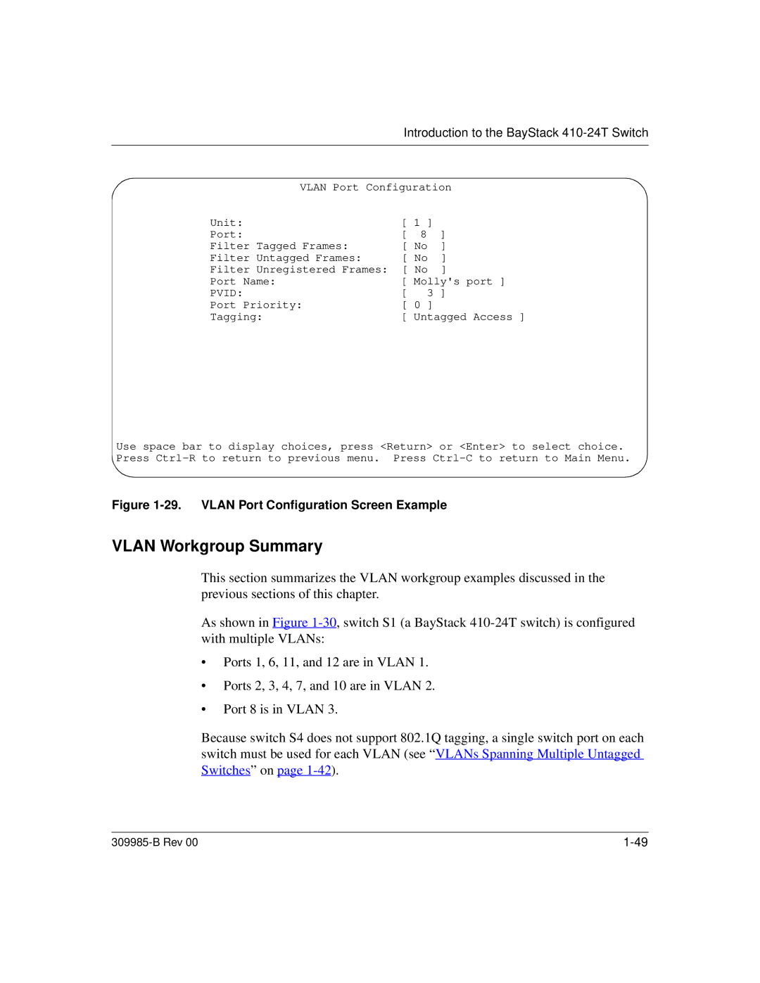 Nortel Networks 24T manual Vlan Workgroup Summary, Vlan Port Configuration Screen Example 