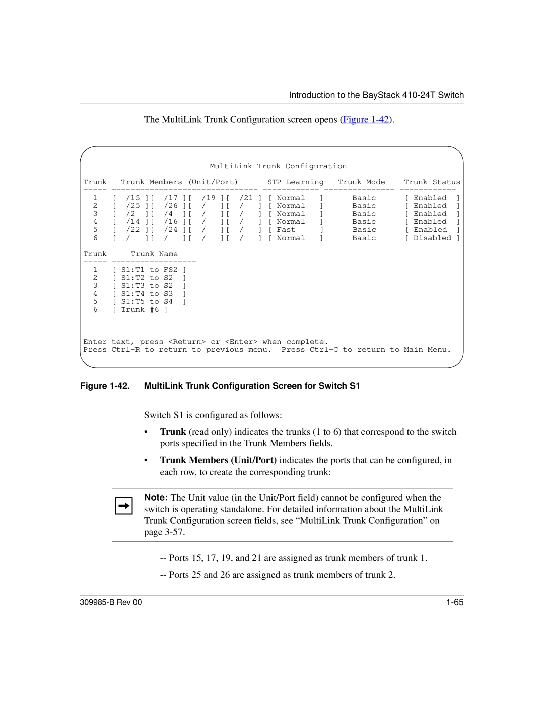 Nortel Networks 24T MultiLink Trunk Configuration screen opens Figure, MultiLink Trunk Configuration Screen for Switch S1 