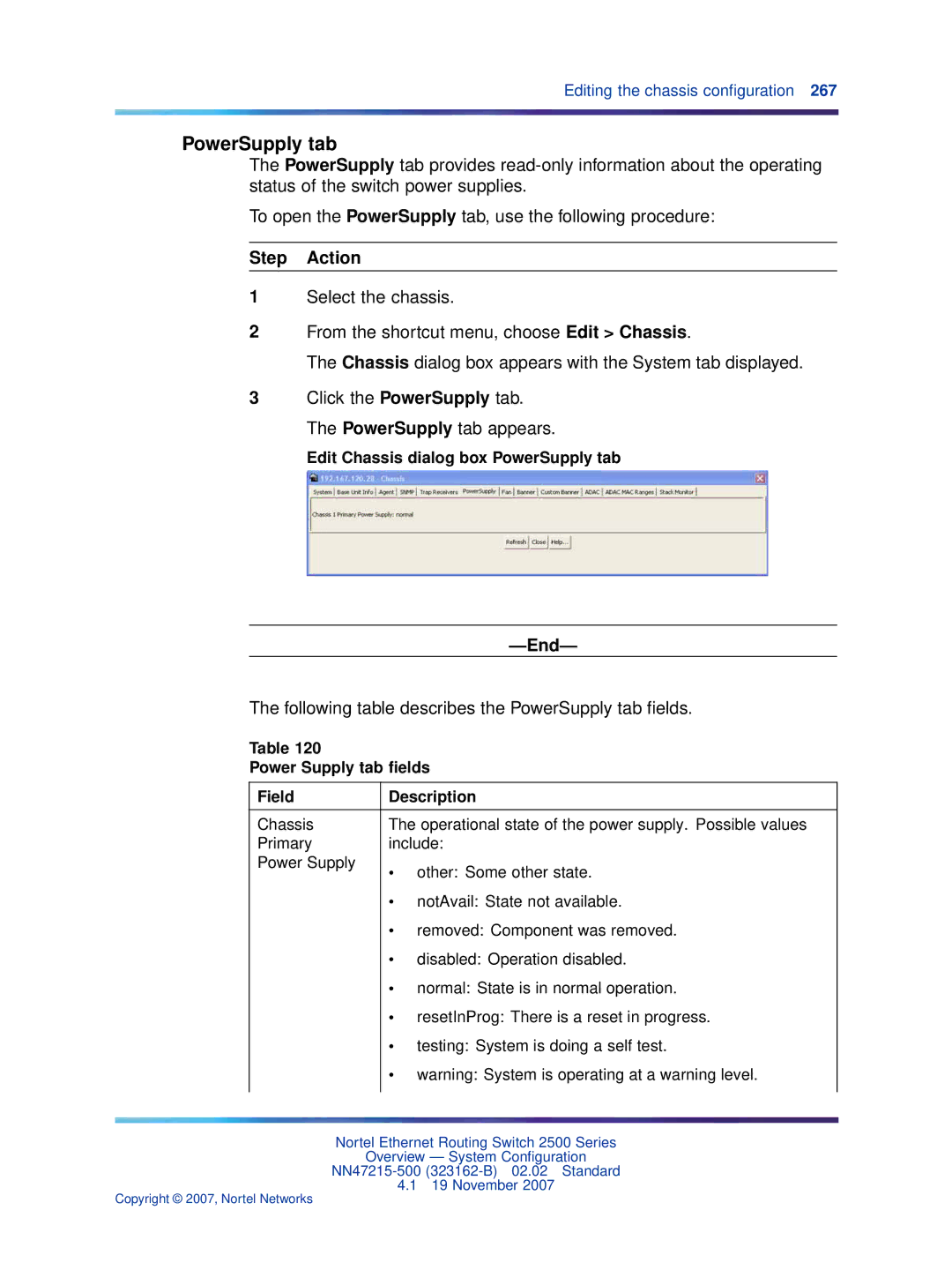 Nortel Networks 2500 Series manual Following table describes the PowerSupply tab ﬁelds 