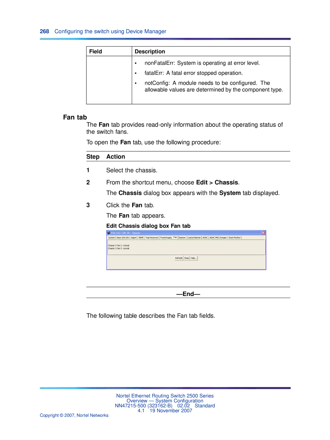 Nortel Networks 2500 Series manual Following table describes the Fan tab ﬁelds, Edit Chassis dialog box Fan tab 