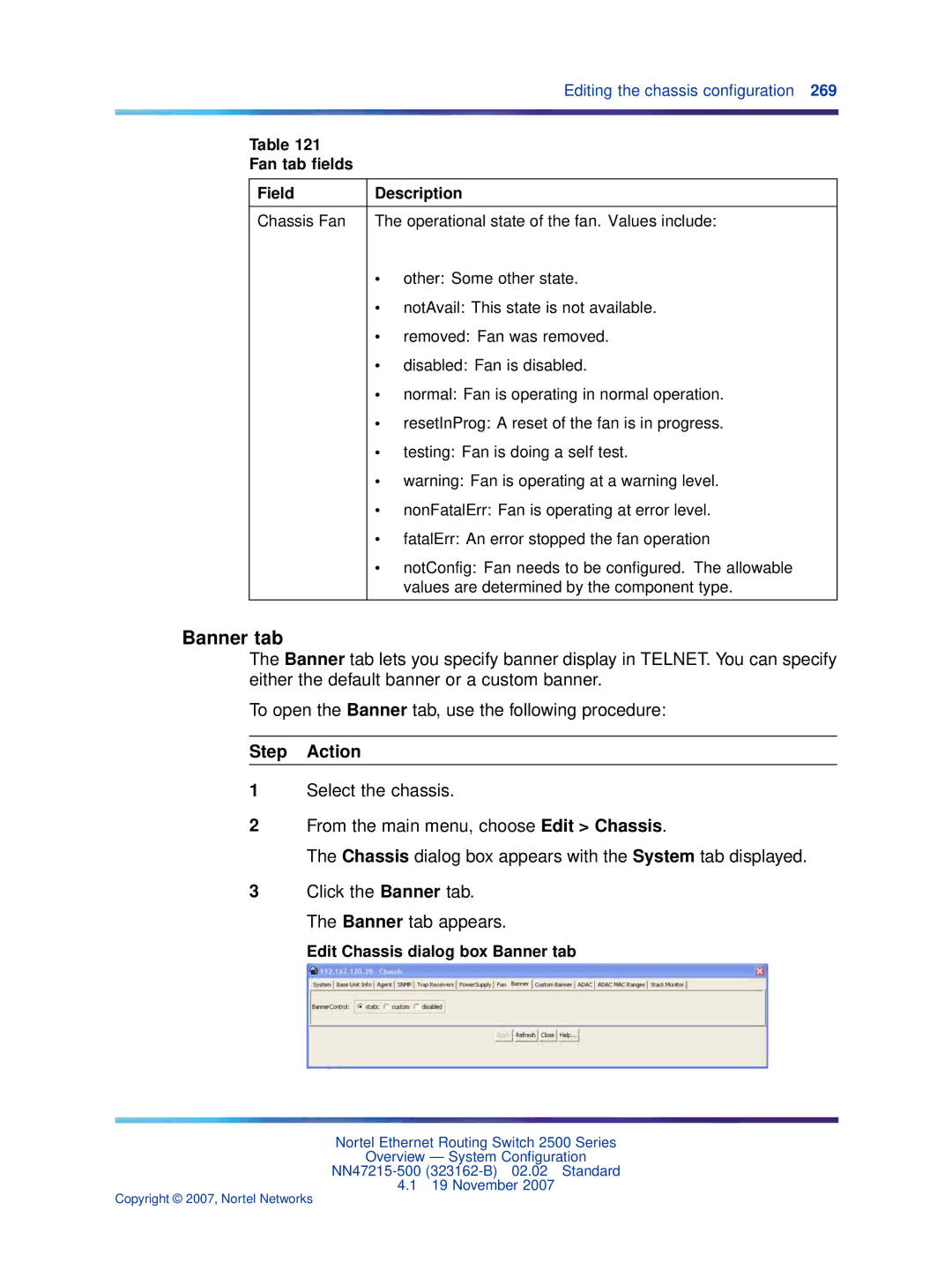 Nortel Networks 2500 Series manual Edit Chassis dialog box Banner tab 