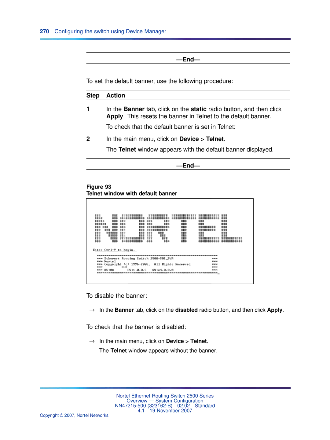 Nortel Networks 2500 Series manual To set the default banner, use the following procedure, To disable the banner 