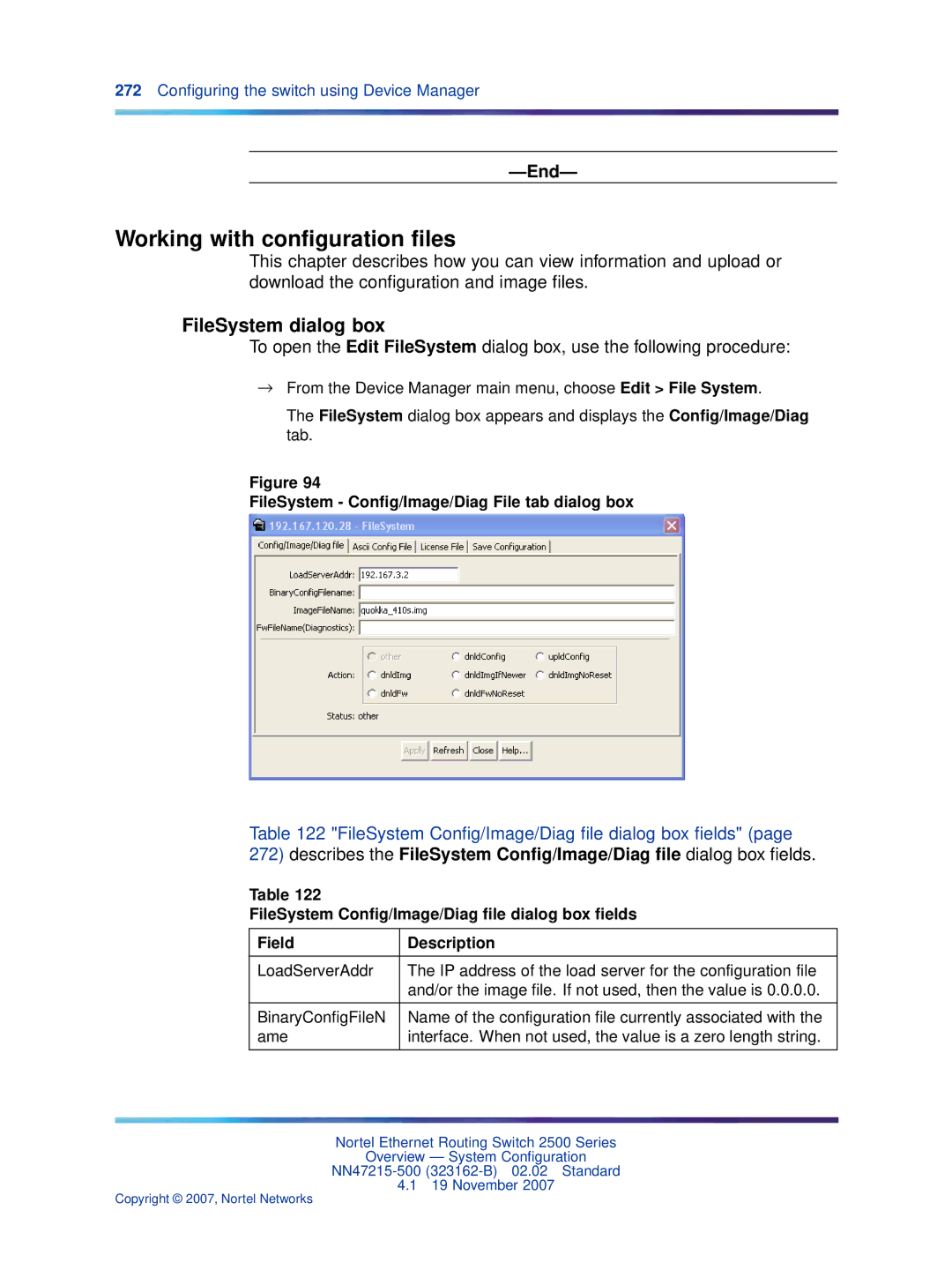 Nortel Networks 2500 Series manual Working with conﬁguration ﬁles, FileSystem dialog box 