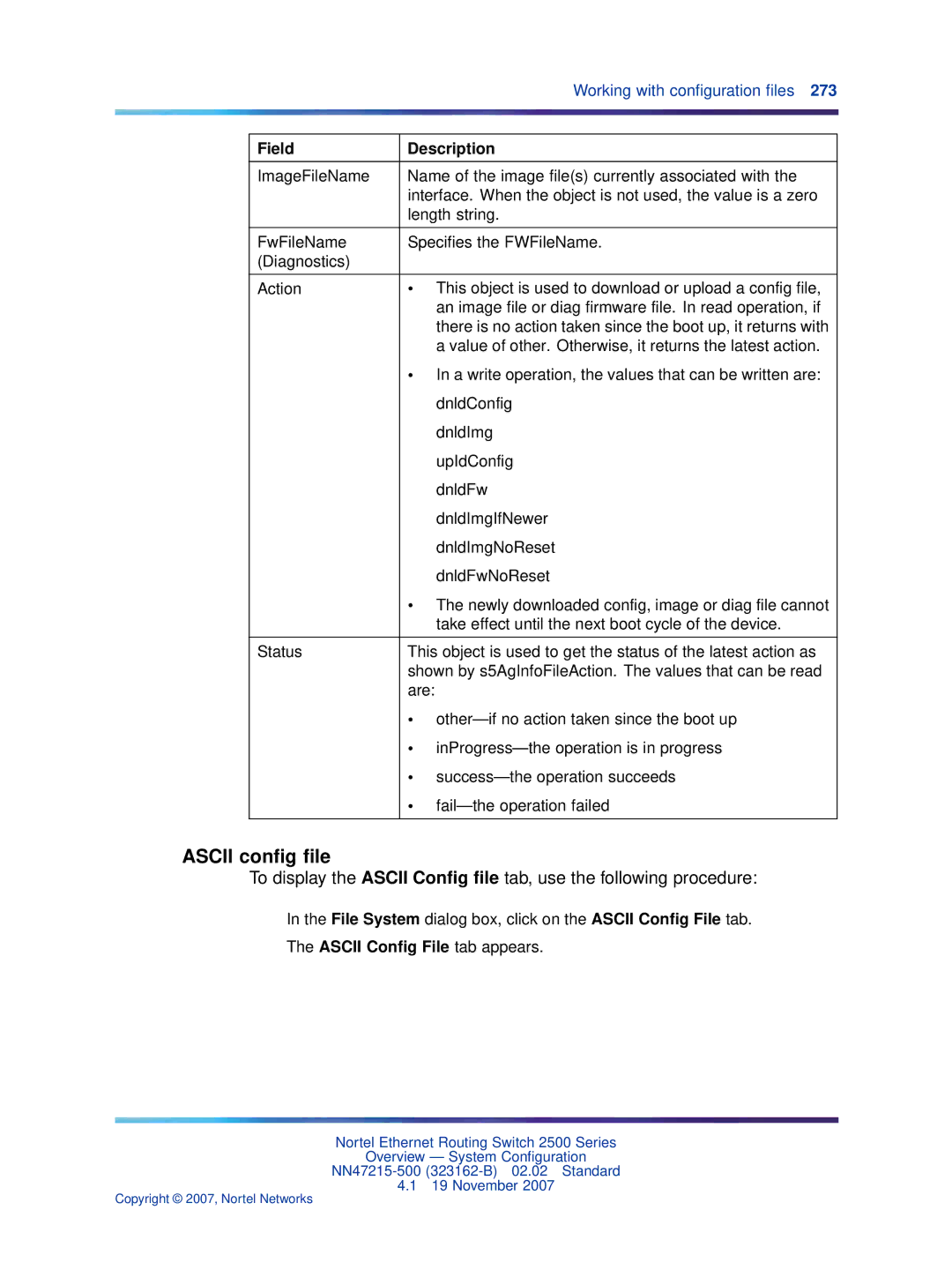 Nortel Networks 2500 Series manual Ascii conﬁg ﬁle, Field Description 