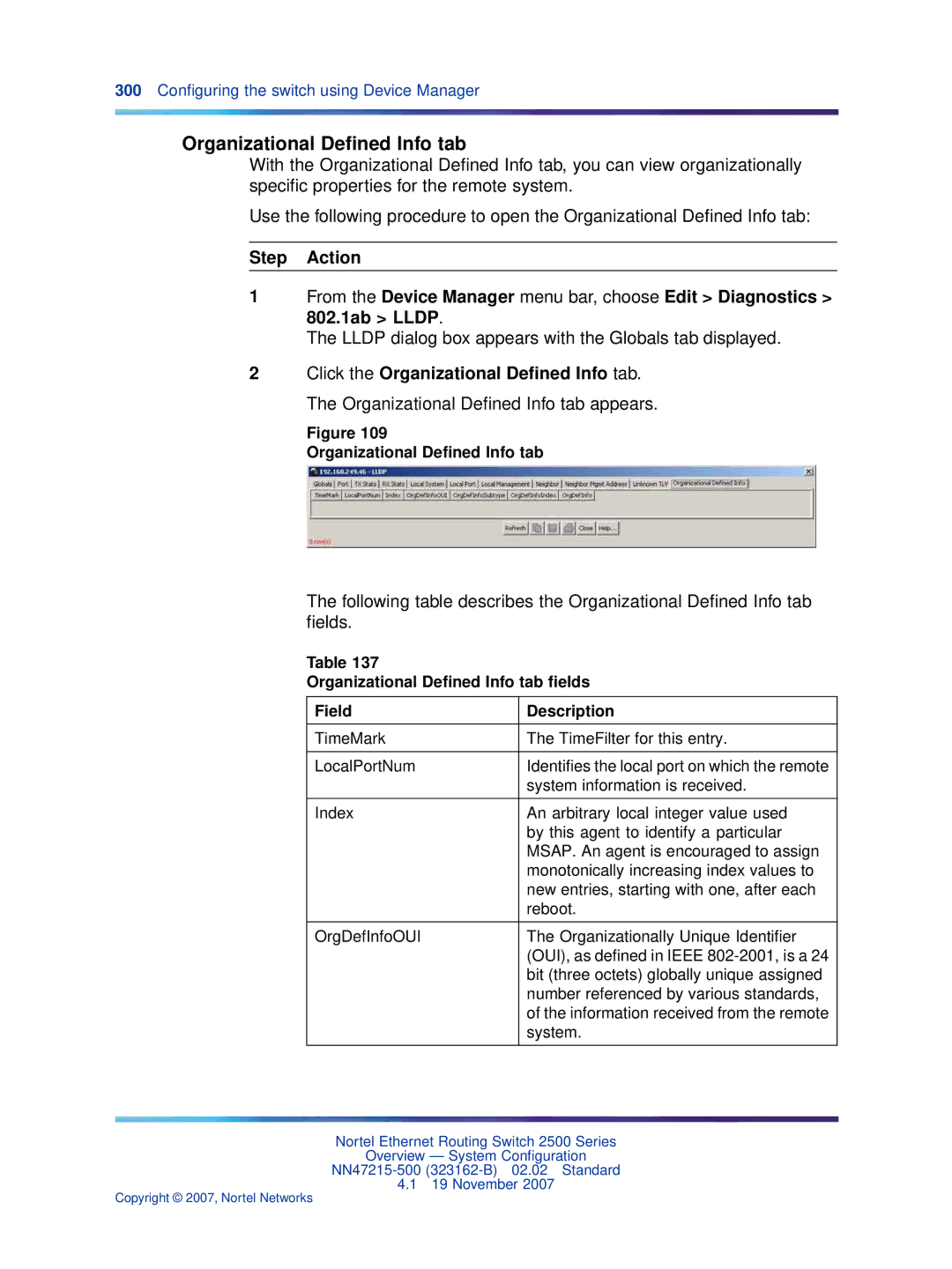 Nortel Networks 2500 Series manual Organizational Deﬁned Info tab ﬁelds Field Description 