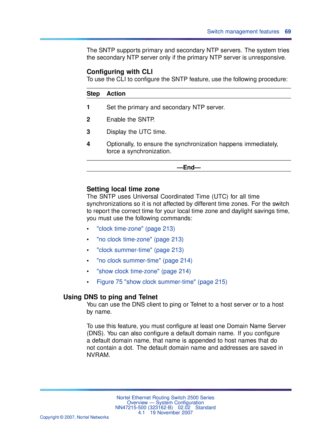 Nortel Networks 2500 Series manual Conﬁguring with CLI, Setting local time zone, Using DNS to ping and Telnet 