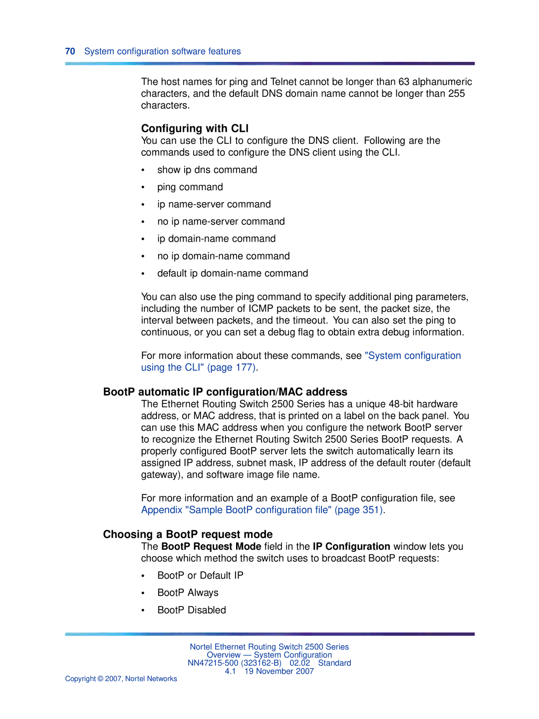 Nortel Networks 2500 Series manual BootP automatic IP conﬁguration/MAC address, Choosing a BootP request mode 