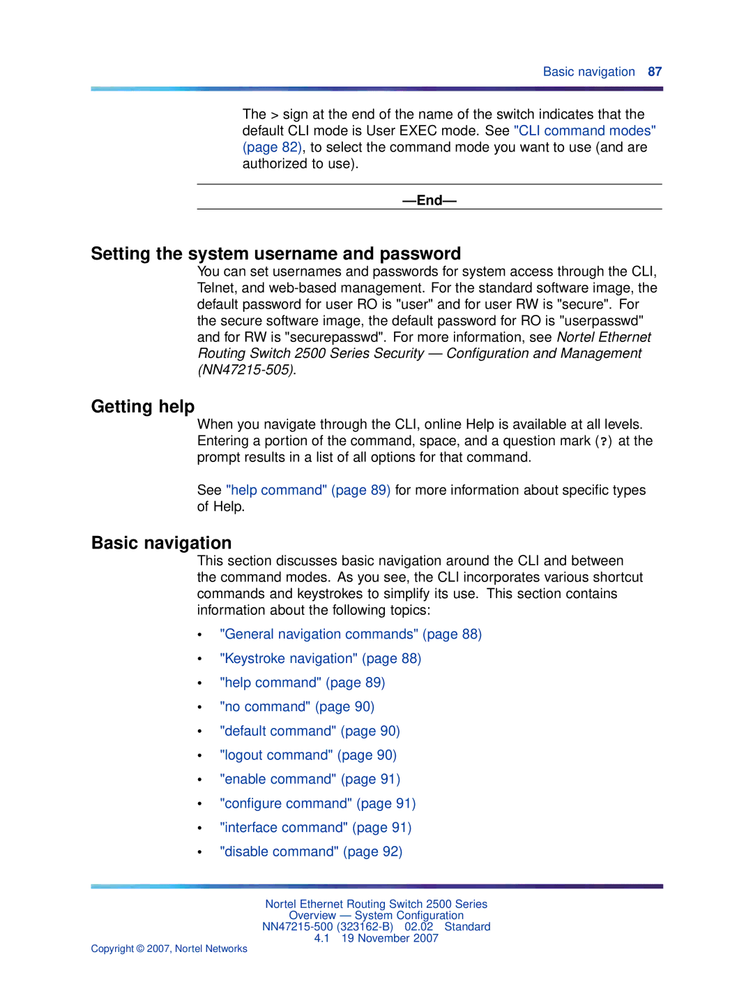 Nortel Networks 2500 Series manual Setting the system username and password, Getting help, Basic navigation 