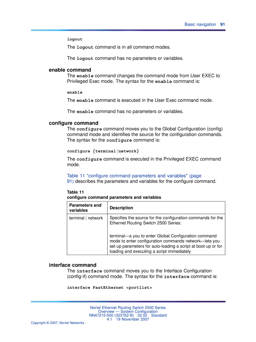 Nortel Networks 2500 Series manual Enable command, Interface command, Conﬁgure command parameters and variables 