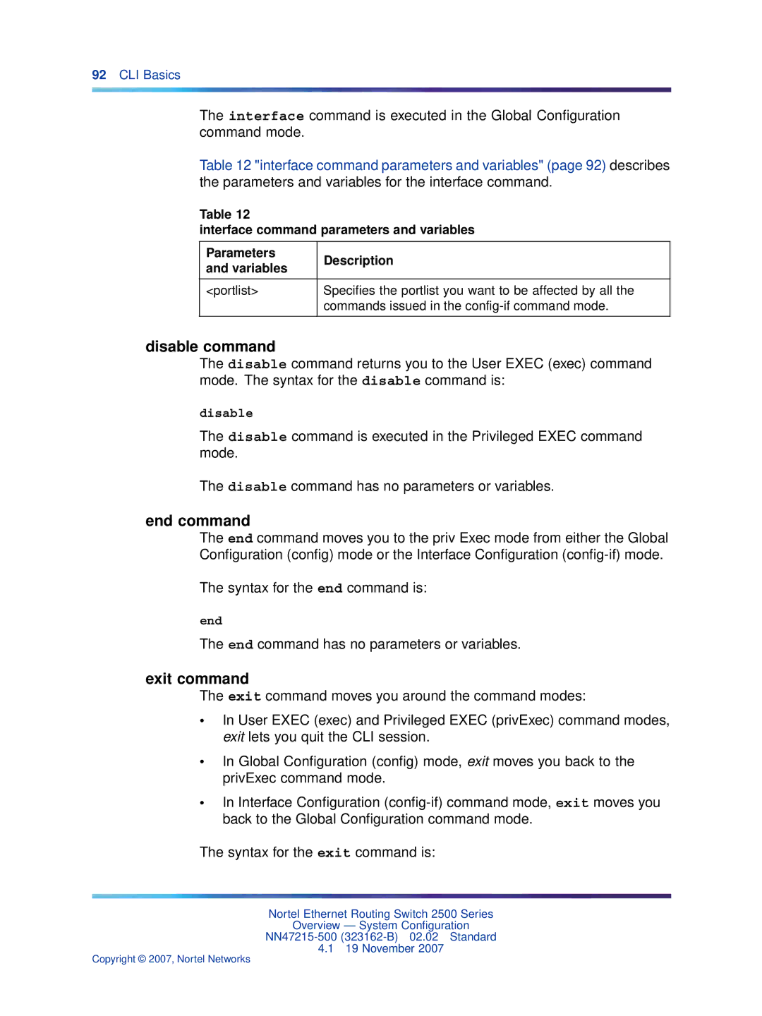 Nortel Networks 2500 Series manual Disable command, End command, Exit command, Syntax for the end command is 