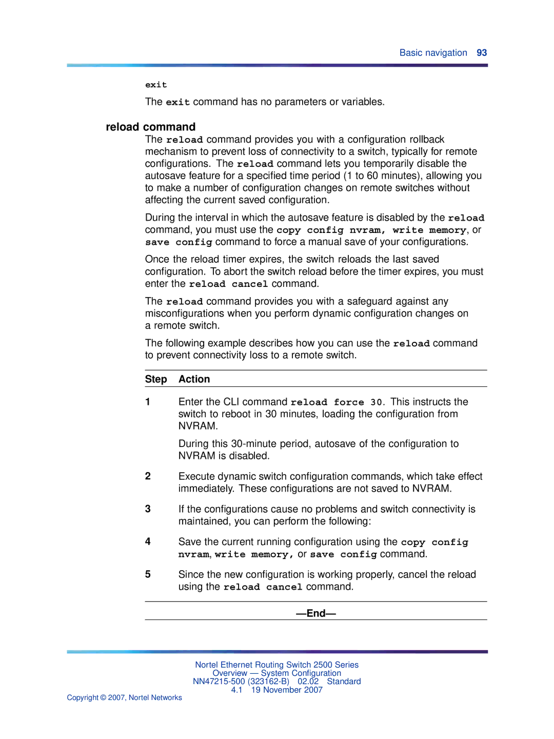 Nortel Networks 2500 Series manual Reload command, Exit command has no parameters or variables 