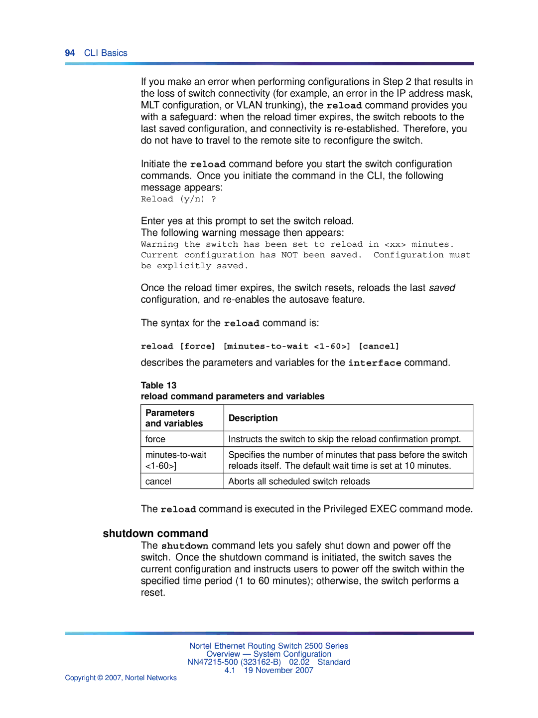 Nortel Networks 2500 Series manual Shutdown command 