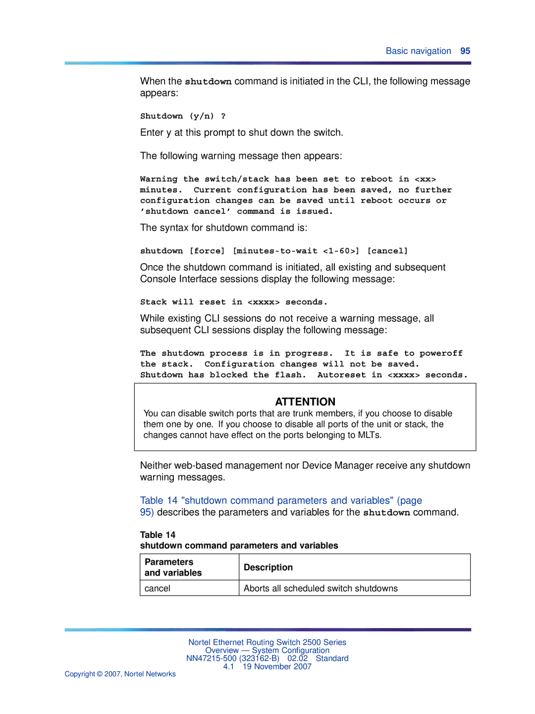 Nortel Networks 2500 Series manual Shutdown command parameters and variables 