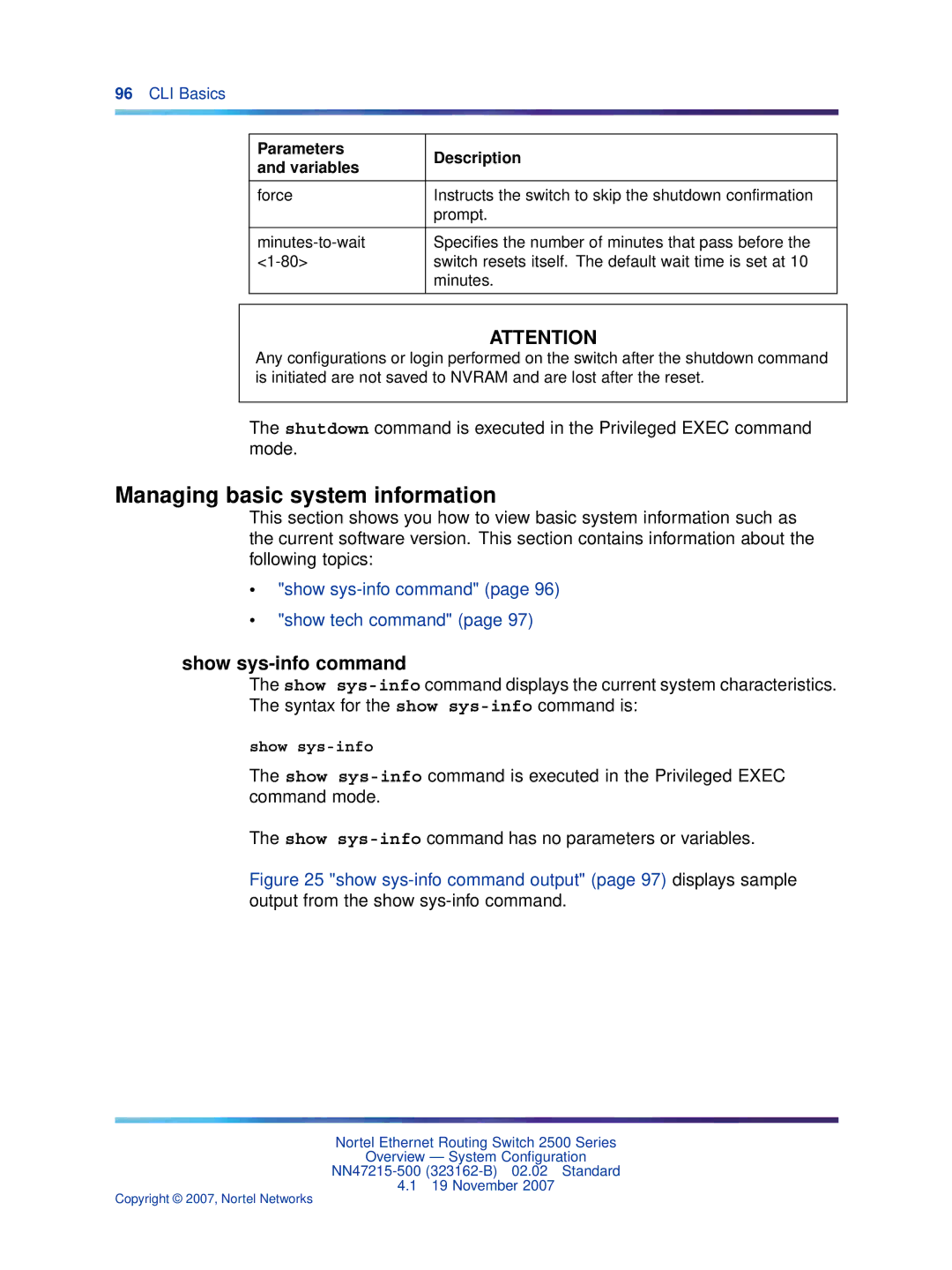 Nortel Networks 2500 Series Managing basic system information, Show sys-info command, Parameters Description Variables 