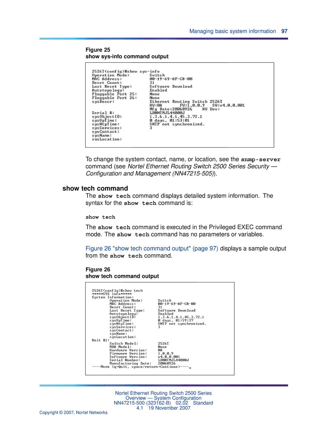 Nortel Networks 2500 Series manual Show sys-info command output, Show tech command output 