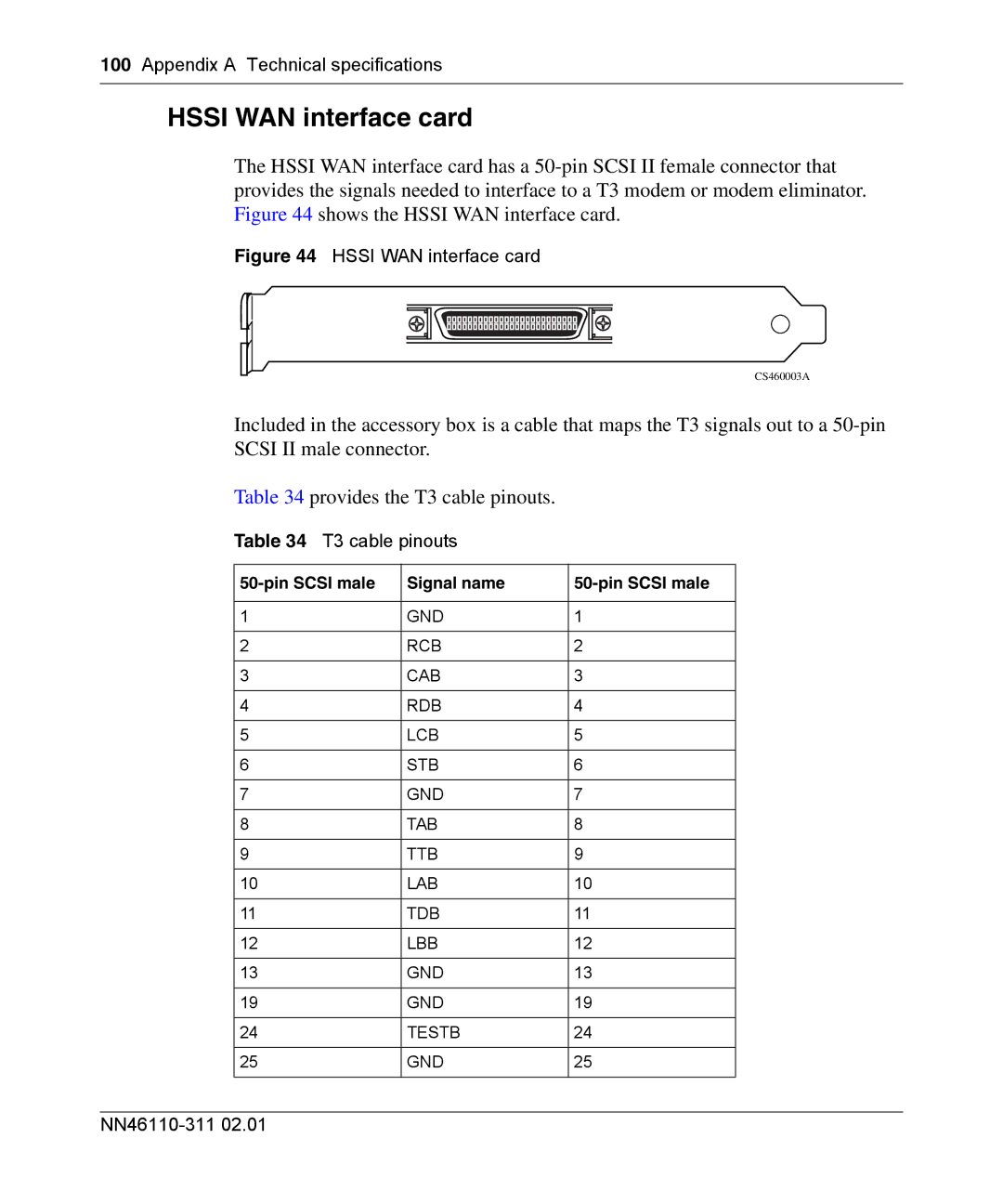 Nortel Networks 2700 manual Hssi WAN interface card, T3 cable pinouts, Pin Scsi male Signal name 