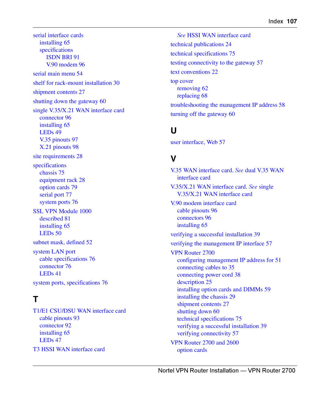 Nortel Networks 2700 manual Index 