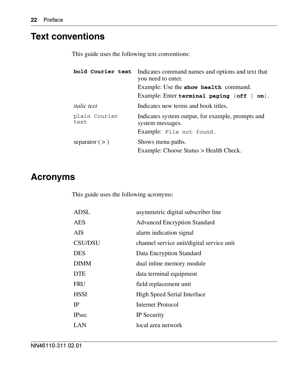 Nortel Networks 2700 manual Text conventions, Acronyms, Preface 