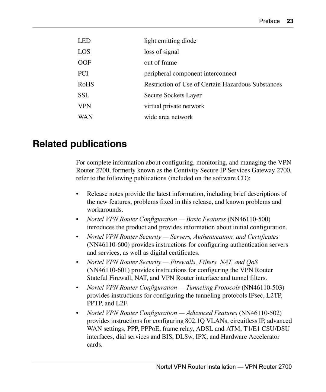 Nortel Networks 2700 manual Related publications, Nortel VPN Router Security Firewalls, Filters, NAT, and QoS 