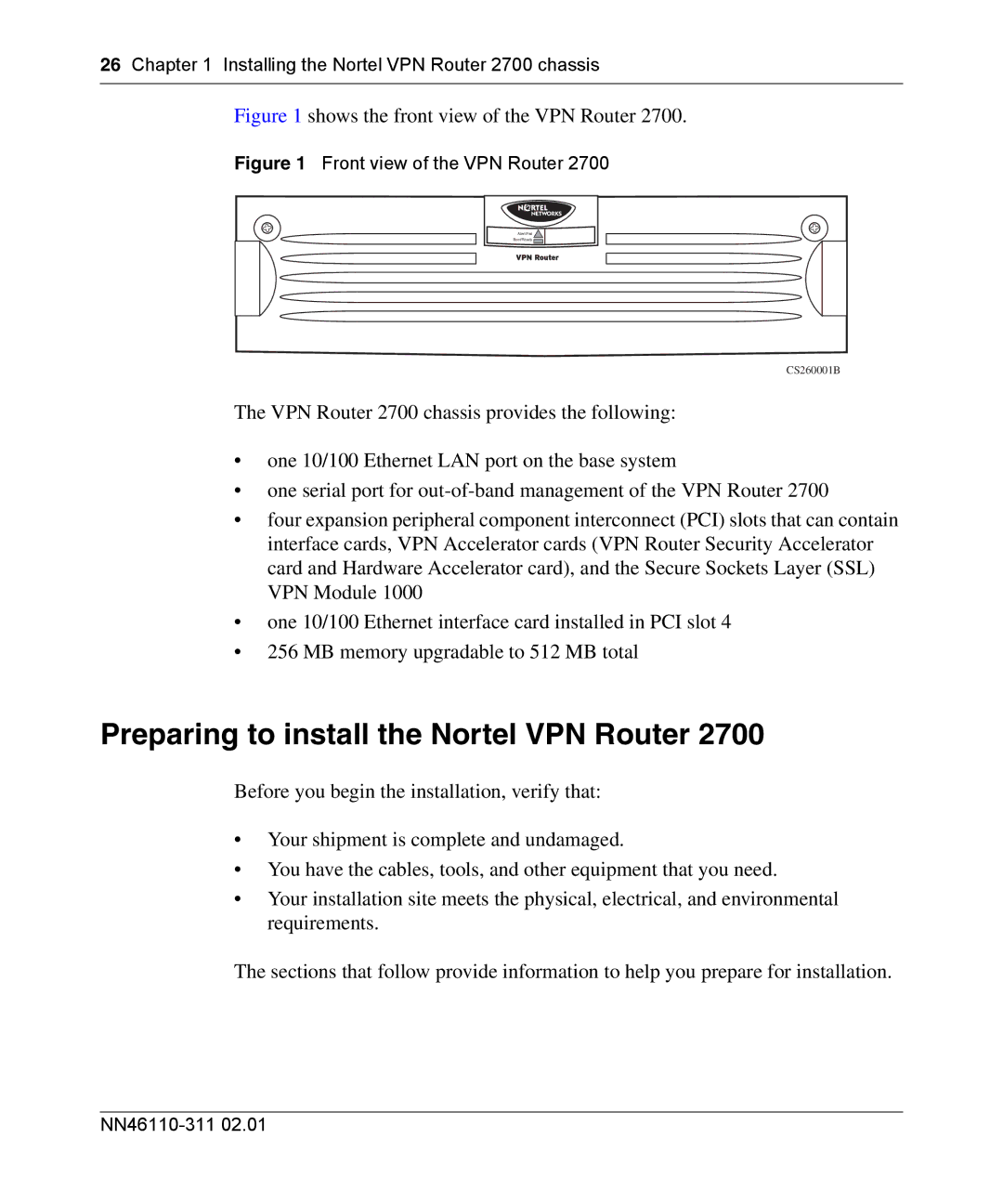 Nortel Networks manual Preparing to install the Nortel VPN Router, Installing the Nortel VPN Router 2700 chassis 