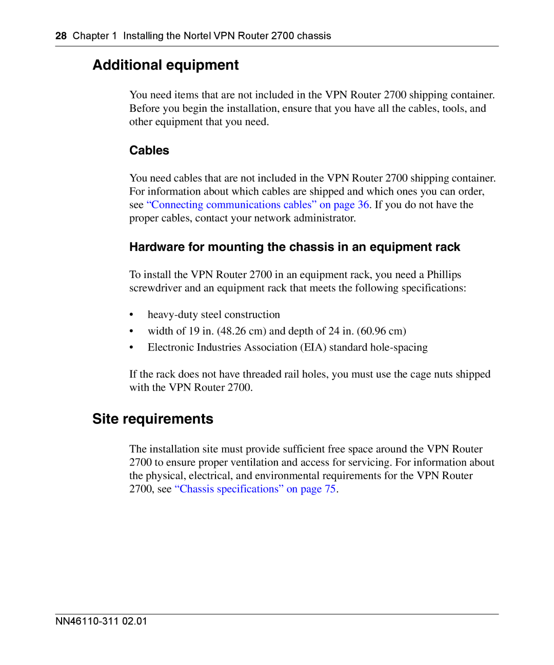 Nortel Networks 2700 manual Additional equipment, Site requirements 